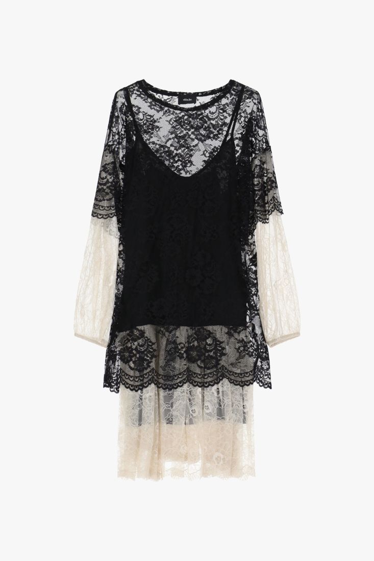 Abito midi in pizzo con maniche lunghe a contrasto