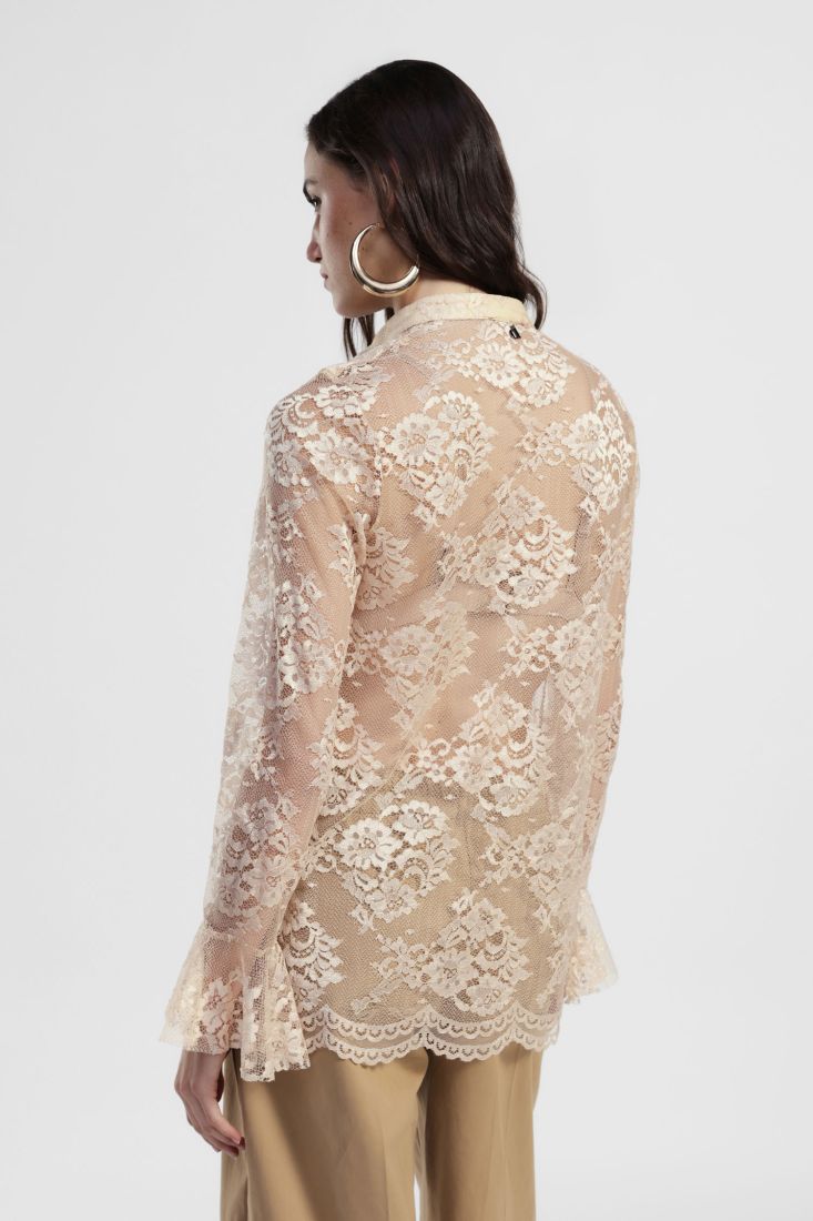 Camicia in pizzo con collo coreano e maniche lunghe