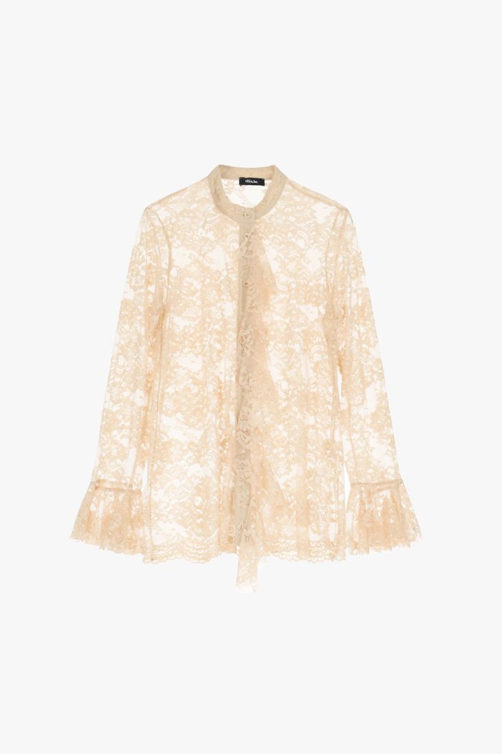 Camicia in pizzo con collo coreano e maniche lunghe