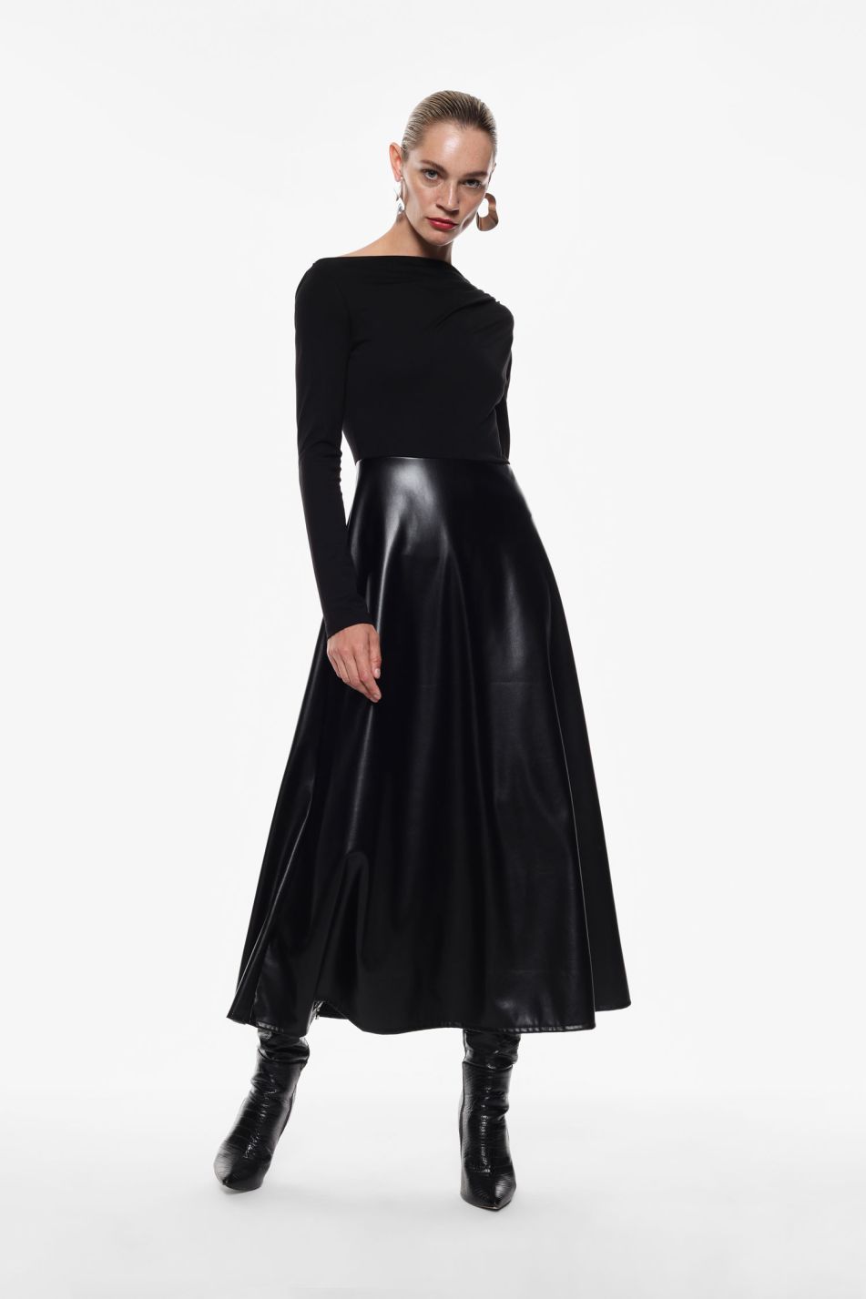 VESTITO LUNGO CON GONNA IN SIMILPELLE