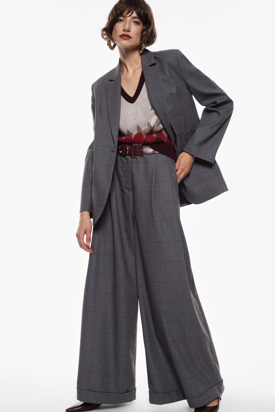 PANTALONI AMPI A QUADRI CON CINTURA