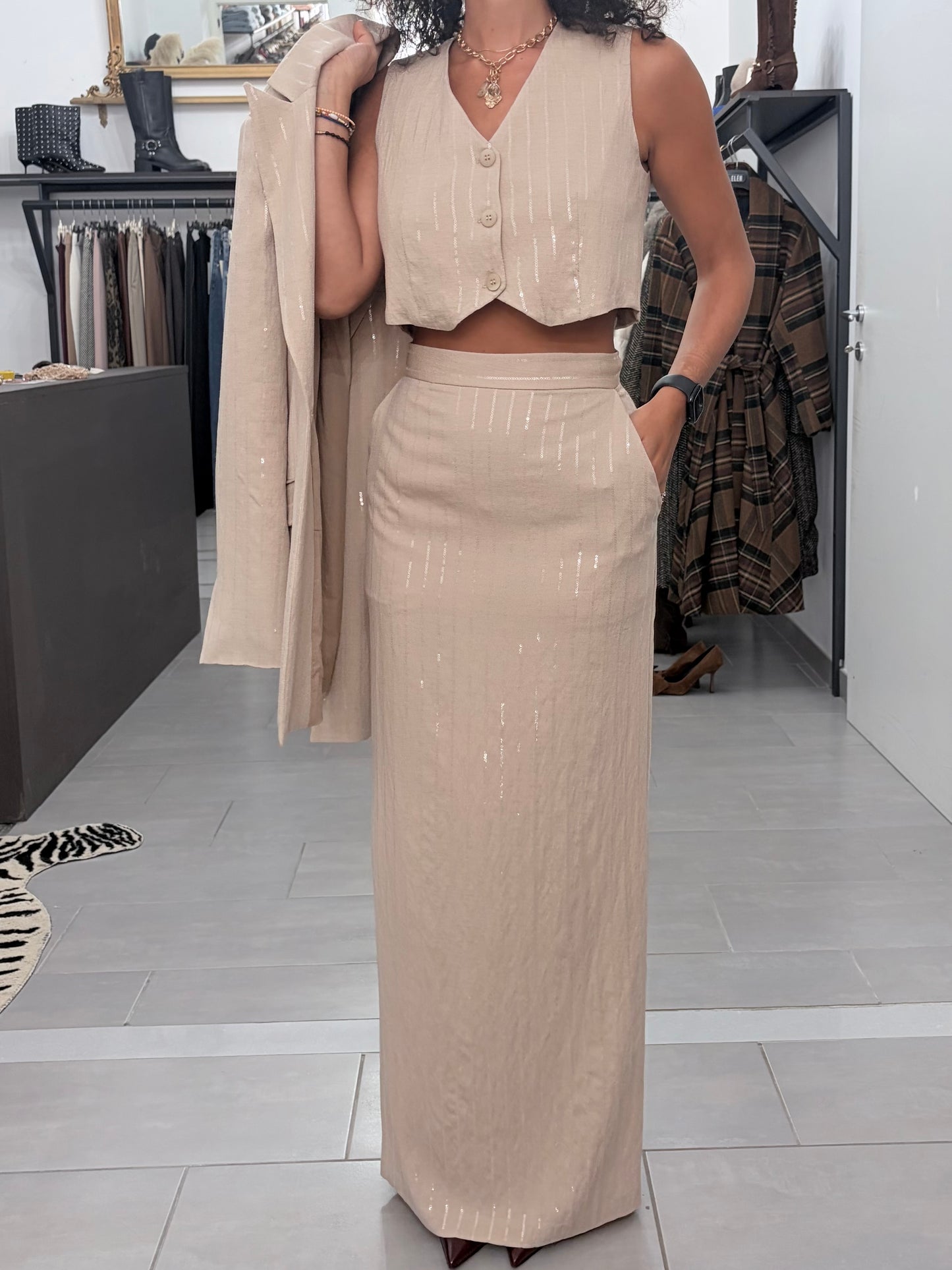 Gonna lunga Silence beige gessata con paillettes trasparenti