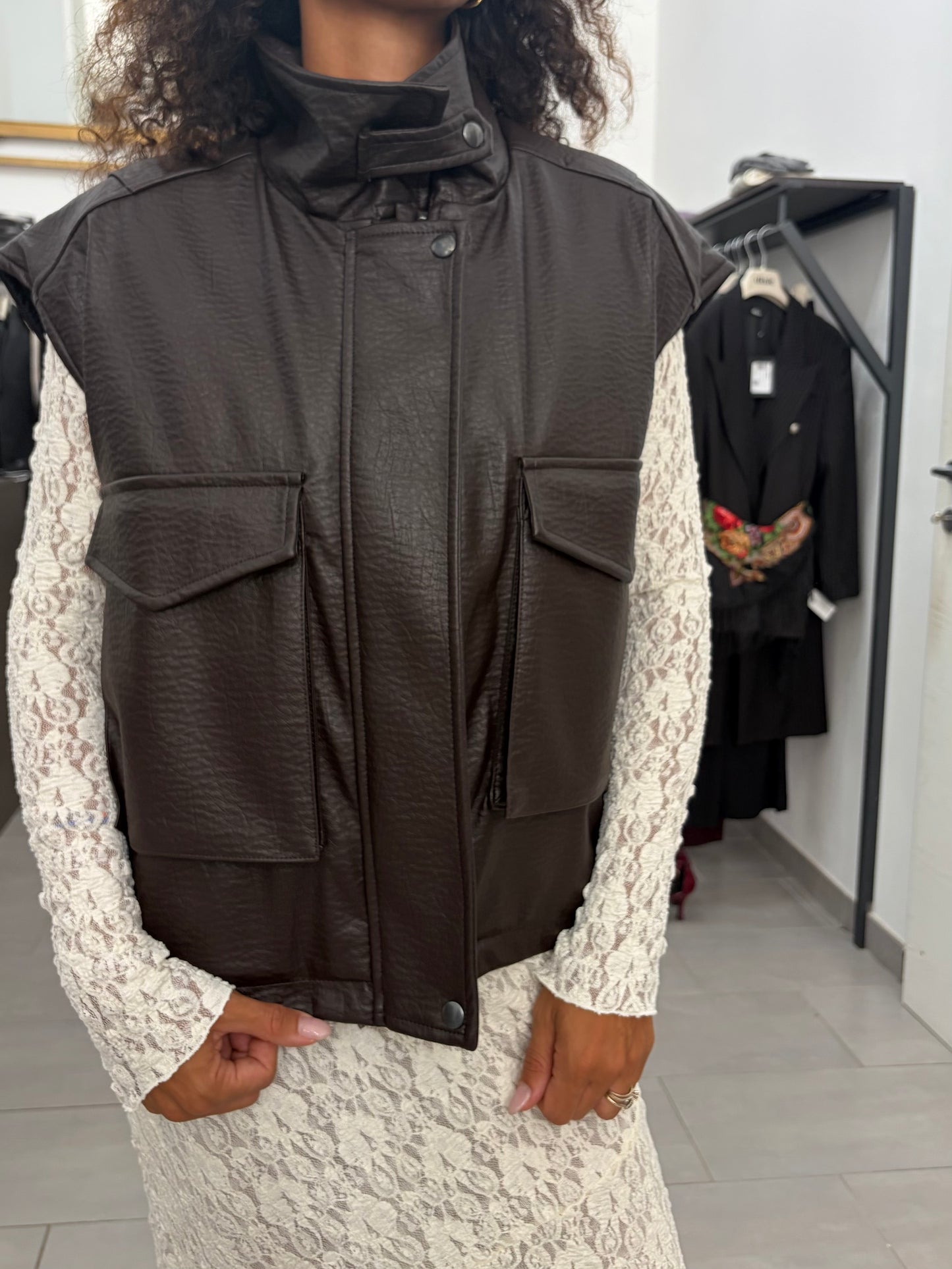 Dixie Gilet similpelle martellata con tasche moro