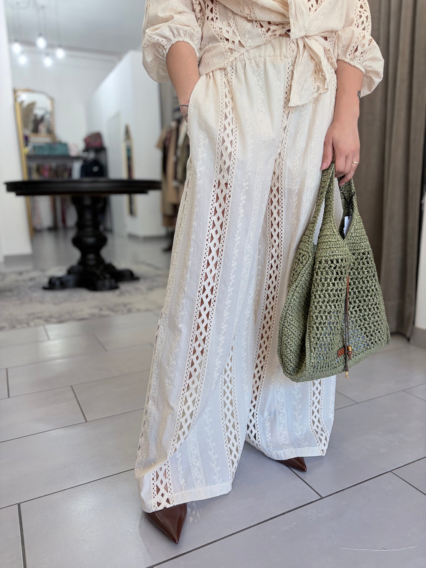 HAVEONE Pantalone palazzo con inserti traforati