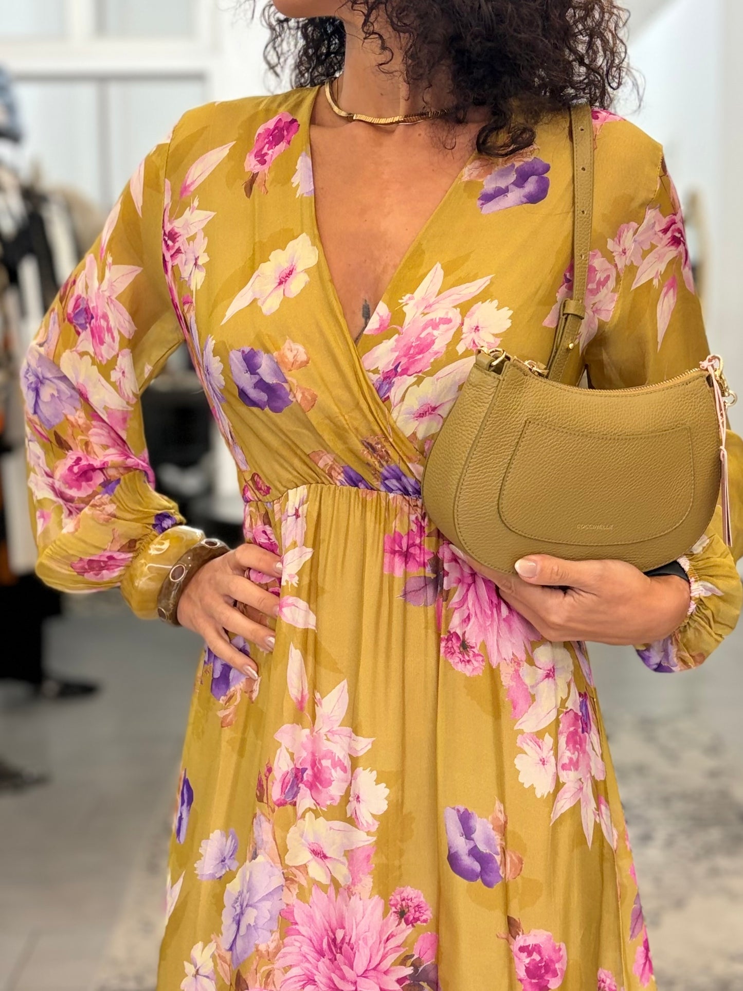 Vestito lungo con stampa floreale e scollo a V Dixie