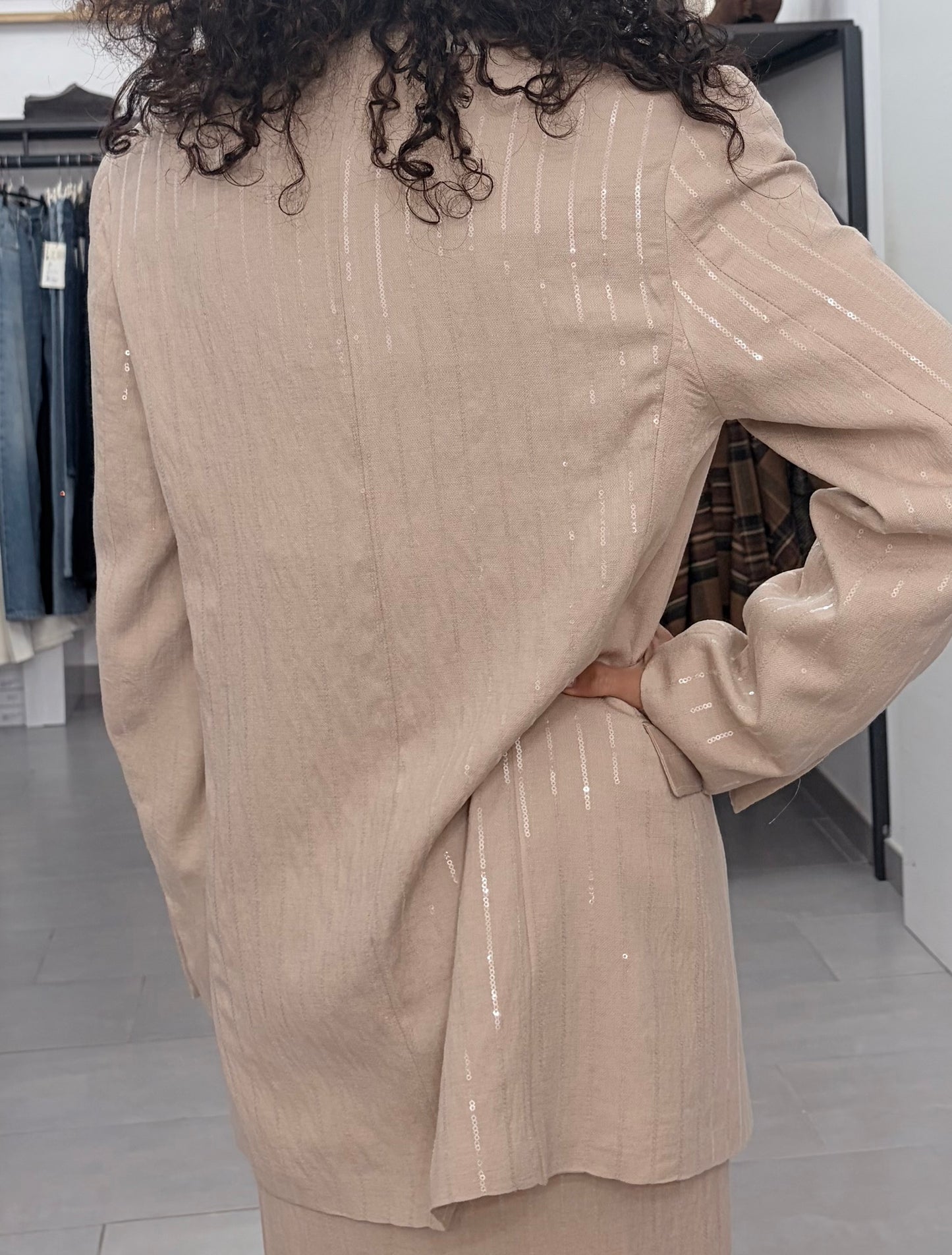 Blazer beige Silence gessato con paillettes trasparenti