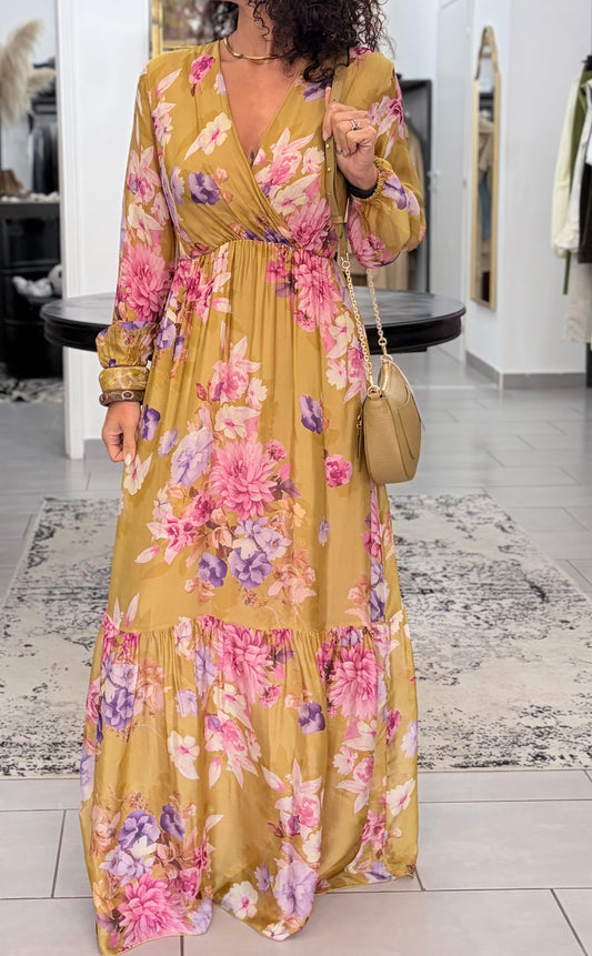 Vestito lungo con stampa floreale e scollo a V Dixie