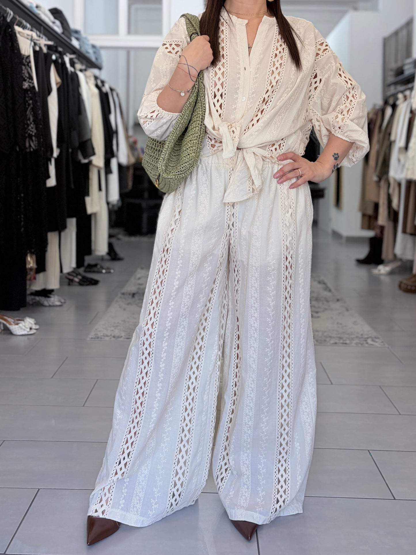 HAVEONE Pantalone palazzo con inserti traforati