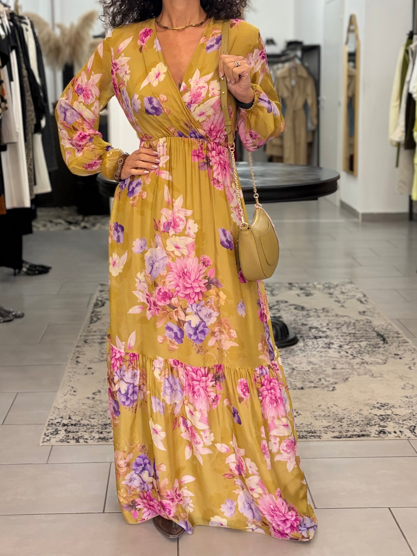 Vestito lungo con stampa floreale e scollo a V Dixie