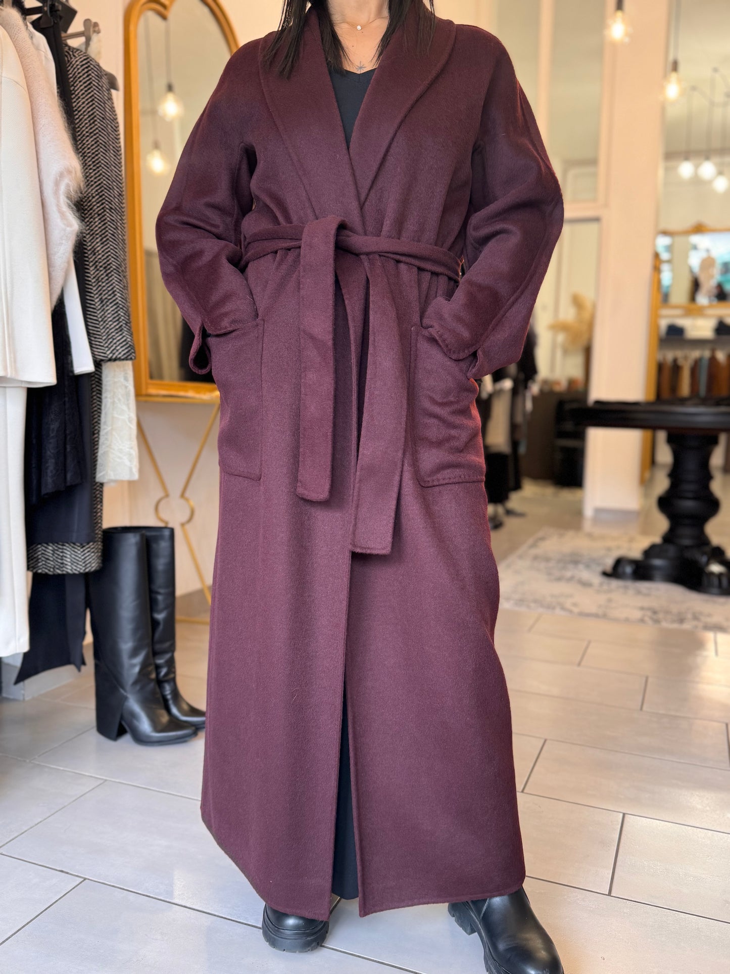 Cappotto lungo sciallato in misto lama Vicolo bordeaux