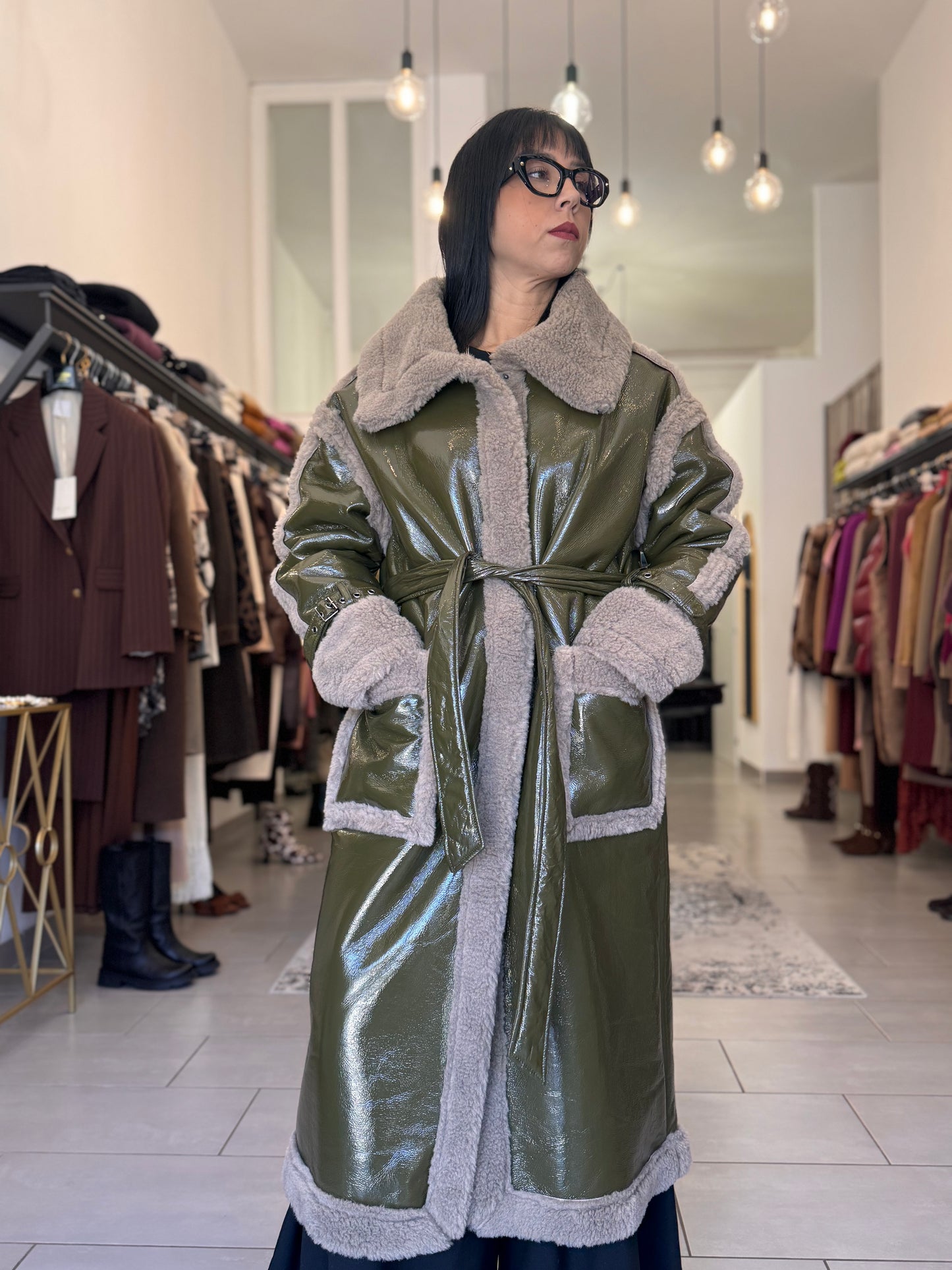 Cappotto in vinile verde e beige Eleh