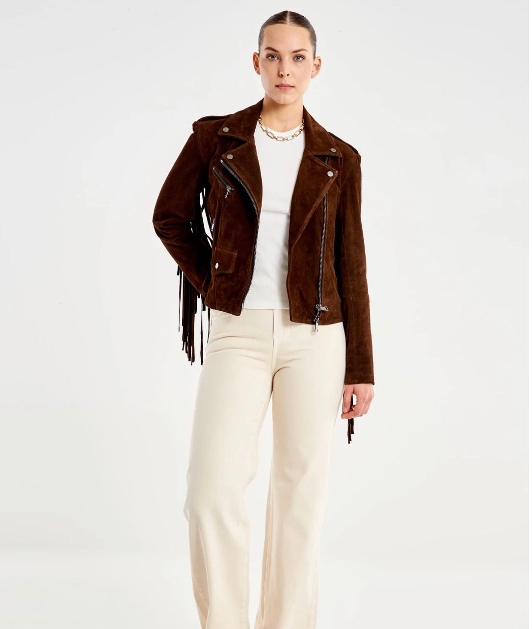 Chiodo in Vera Pelle Scamosciato con Frange Vicolo