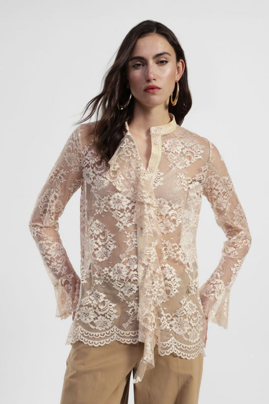 Camicia in pizzo con collo coreano e maniche lunghe