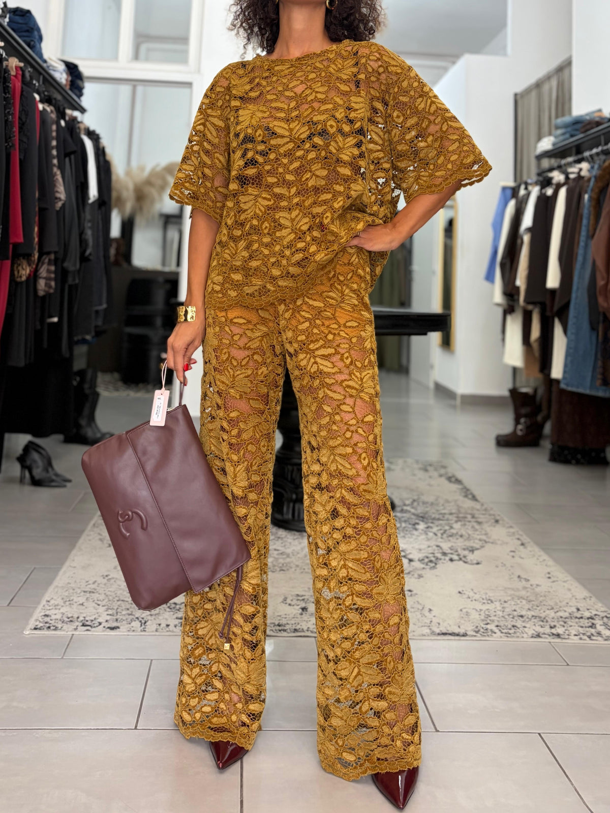 Pantalone in pizzo senape