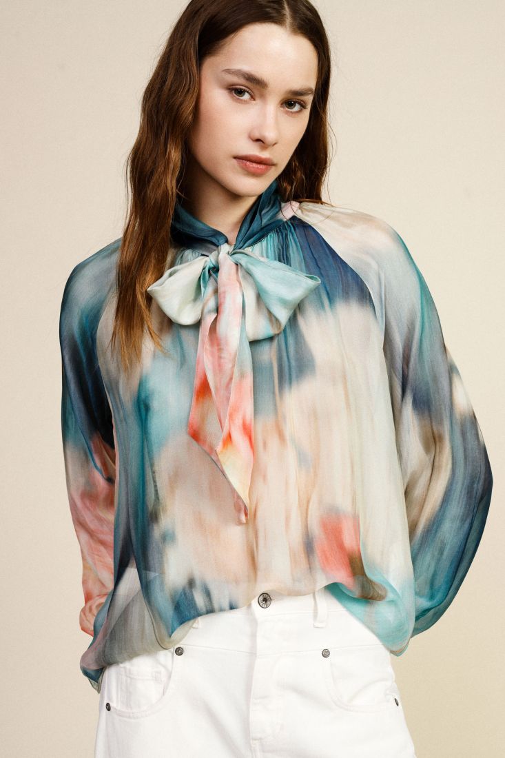 Blusa girocollo stampa acquarello maniche lunghe