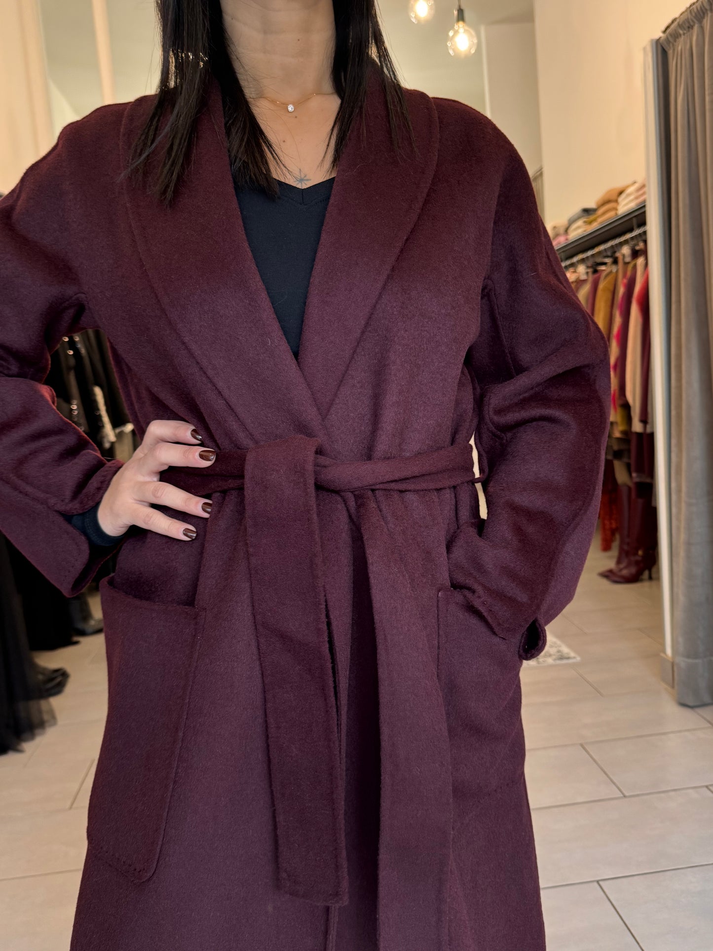 Cappotto lungo sciallato in misto lama Vicolo bordeaux