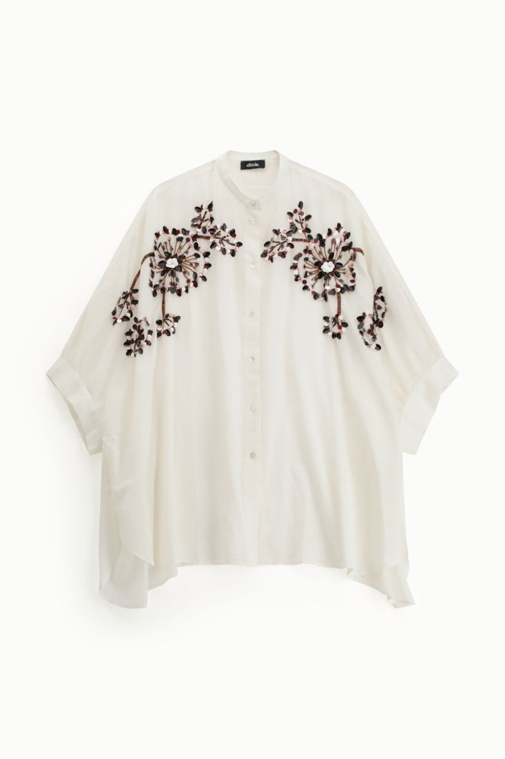 Camicia ampia ricamo floreale bottoni frontali
