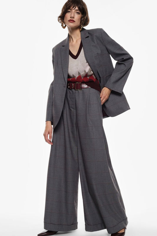 PANTALONI AMPI A QUADRI CON CINTURA